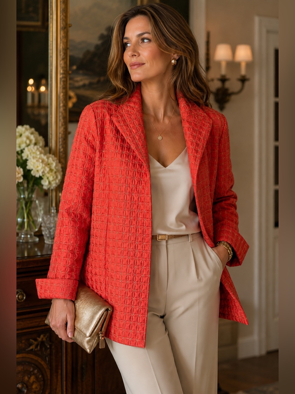Laura Ashley Coral Red Metallic Gold Quilted Jacket Blazer L Statement